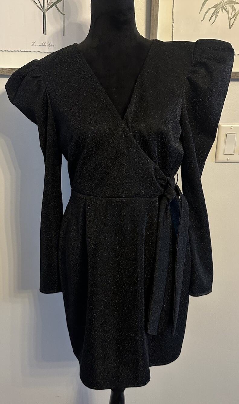 TOPSHOP Black Sparkly Mini Dress Slit Faux Wrap VNeck Puff Long Sleeve Size 10